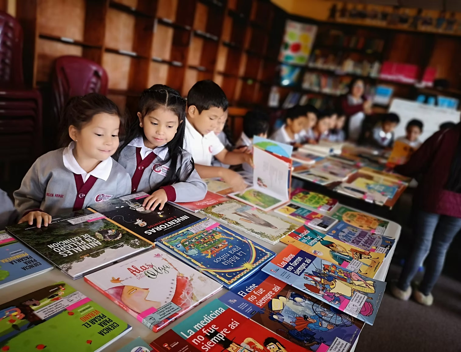 a group of students look a books in the library